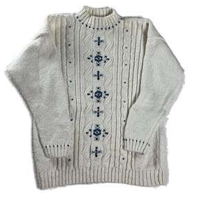 Vintage LizWear Cream Cotton Cable Knit Sweater Cottagecore Grandpa L